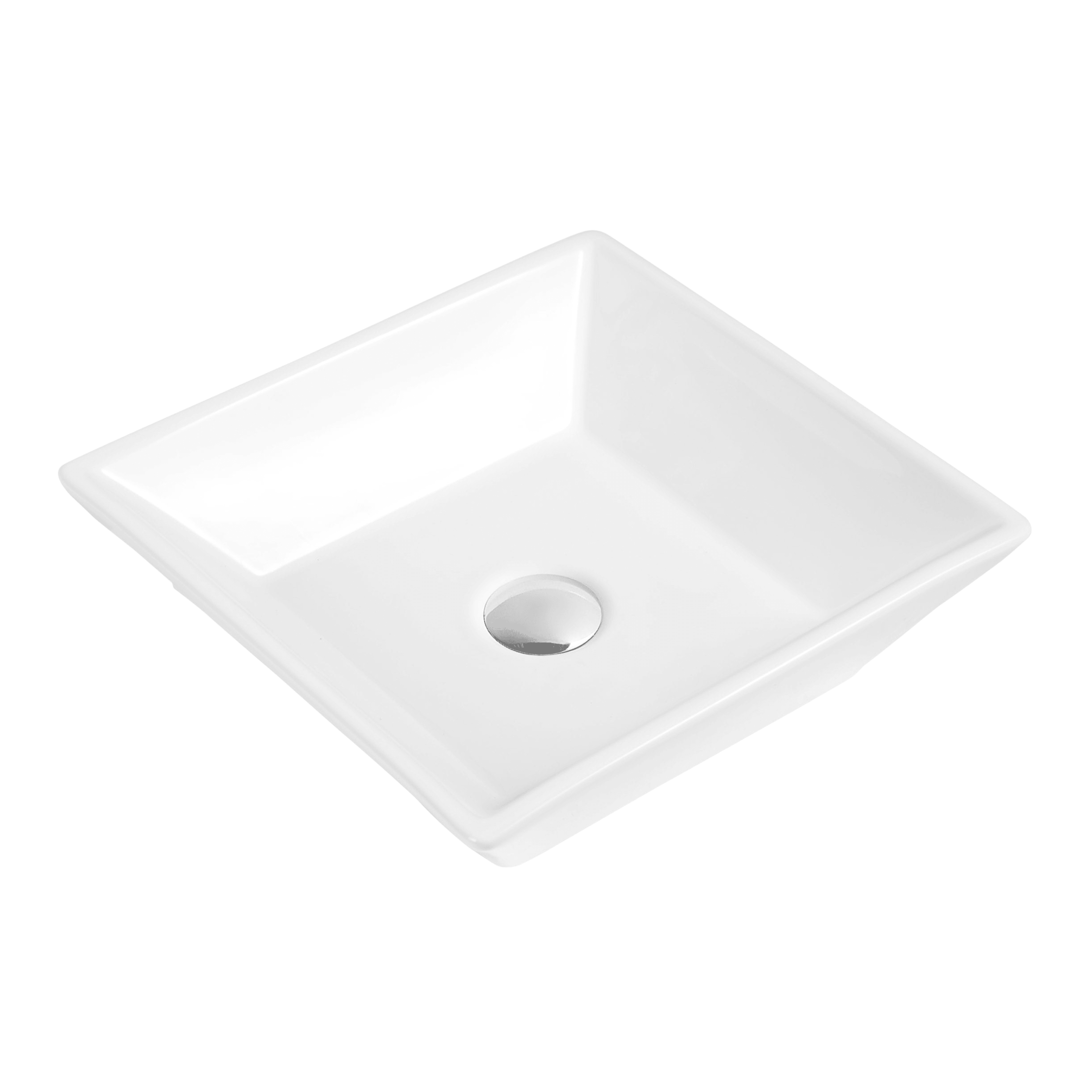 Square white ceramic sink with a central drain.