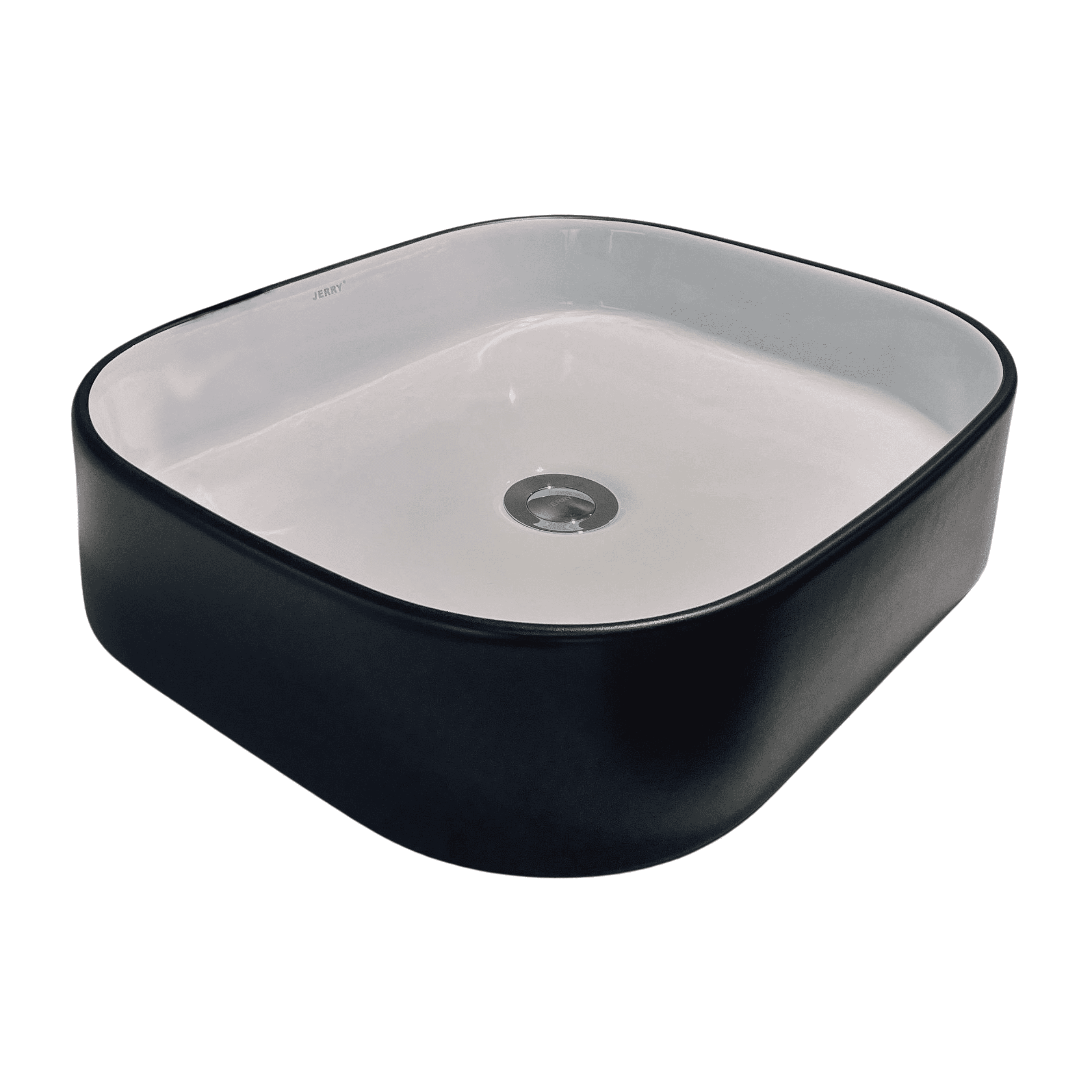 Square black and white ceramic bathroom basin.