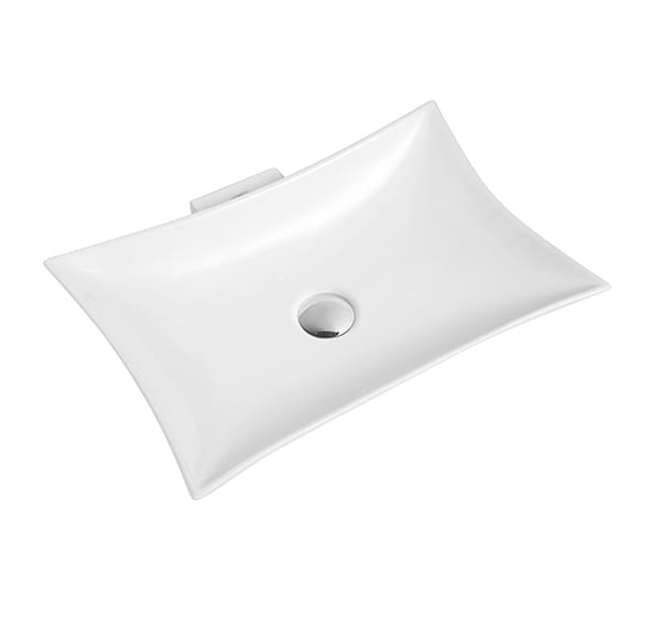 Rectangular white ceramic bathroom sink with curved edges.